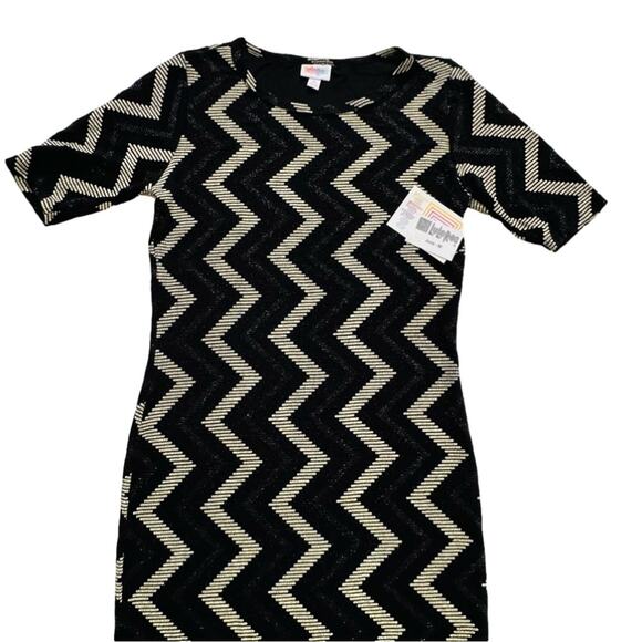 LuLaRoe Dress Julia Black Gold Glitter Chevron 1/2 Sleeve Elegant Medium NEW - Picture 7 of 12